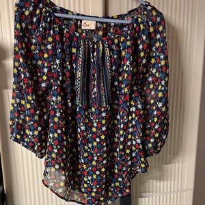 Hollister Navy Floral Open Neck Sheer Shirt